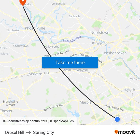 Drexel Hill to Spring City map