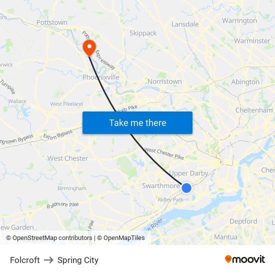 Folcroft to Spring City map