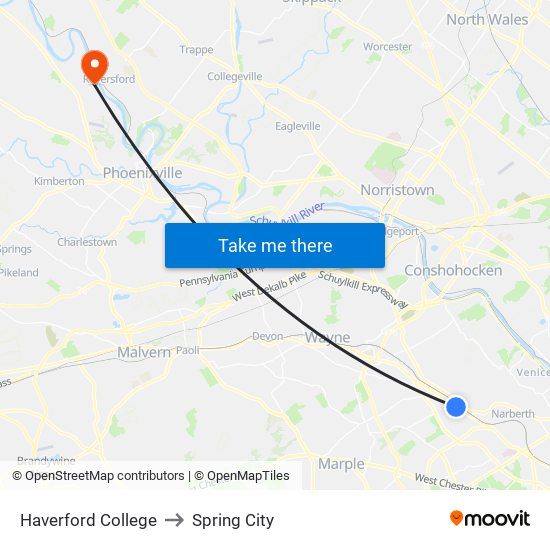 Haverford College to Spring City map