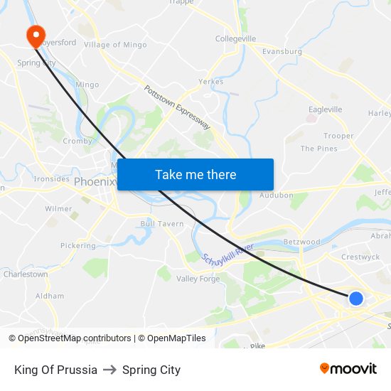 King Of Prussia to Spring City map