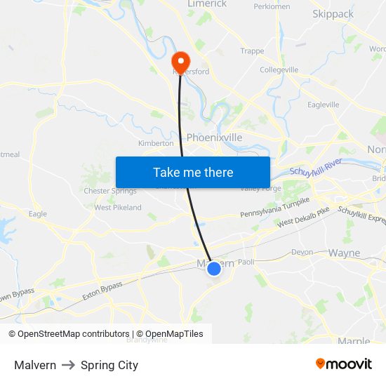 Malvern to Spring City map
