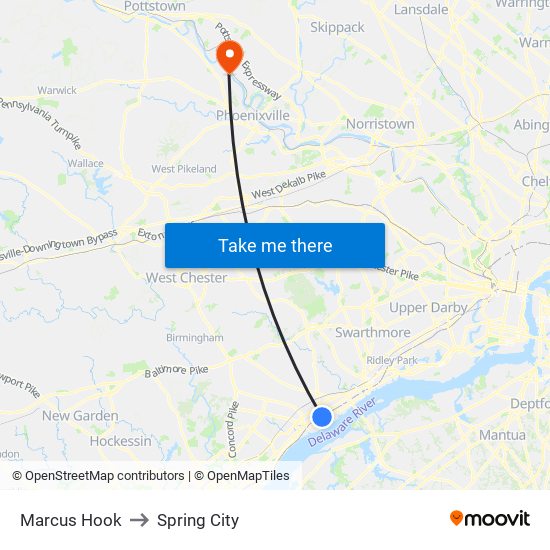 Marcus Hook to Spring City map