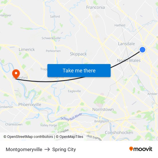 Montgomeryville to Spring City map
