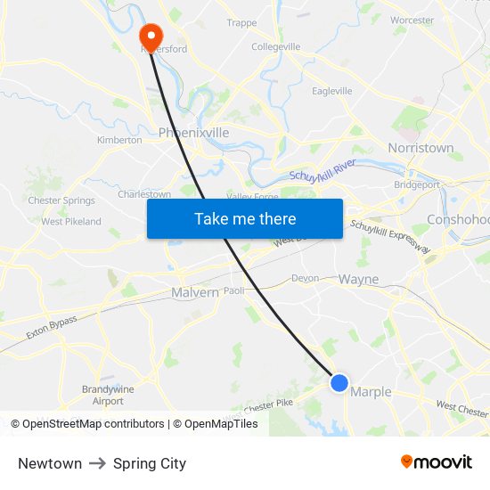 Newtown to Spring City map