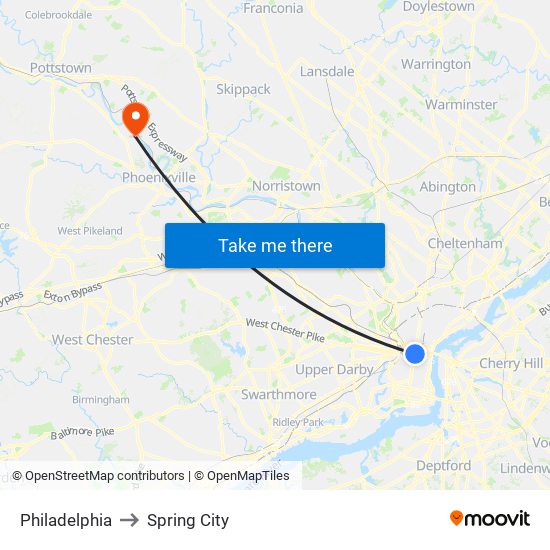 Philadelphia to Spring City map