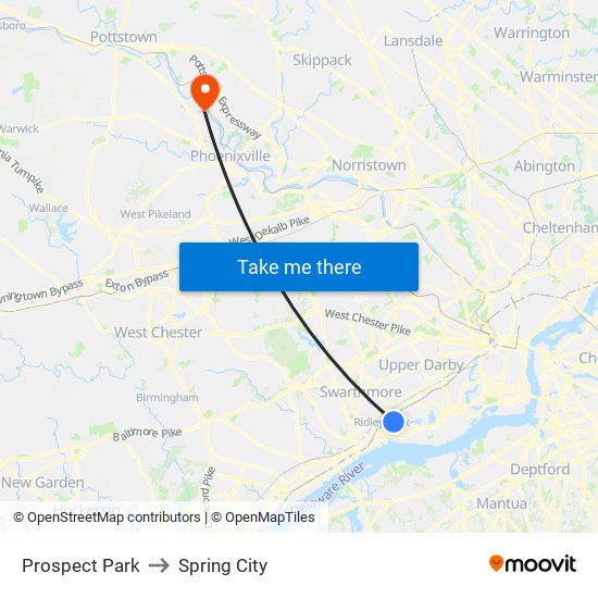 Prospect Park to Spring City map