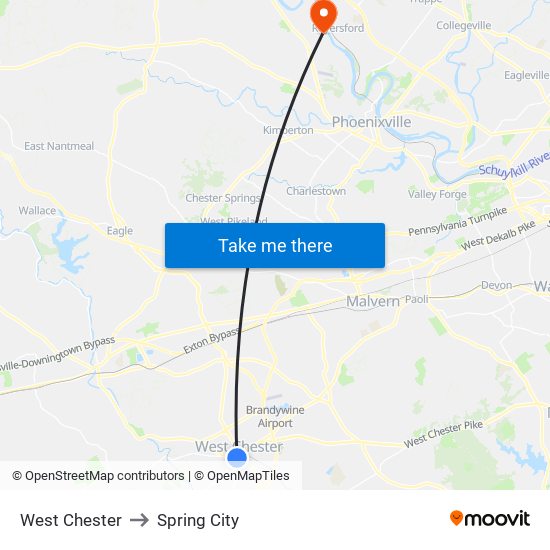 West Chester to Spring City map