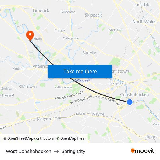 West Conshohocken to Spring City map