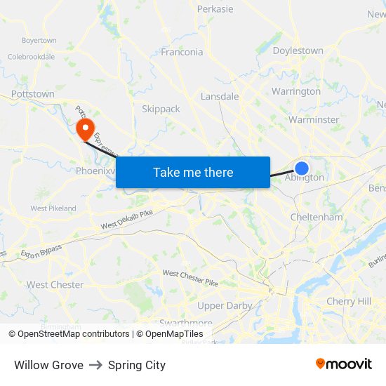 Willow Grove to Spring City map