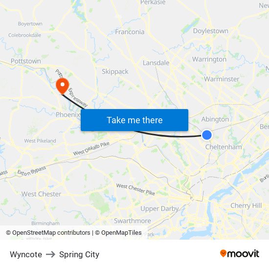 Wyncote to Spring City map
