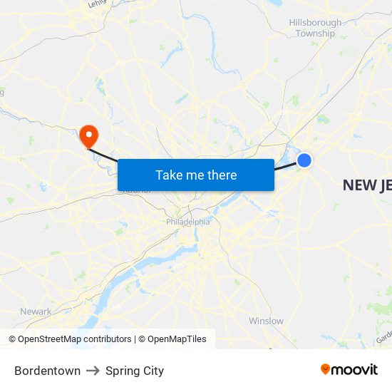 Bordentown to Spring City map