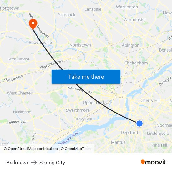 Bellmawr to Spring City map