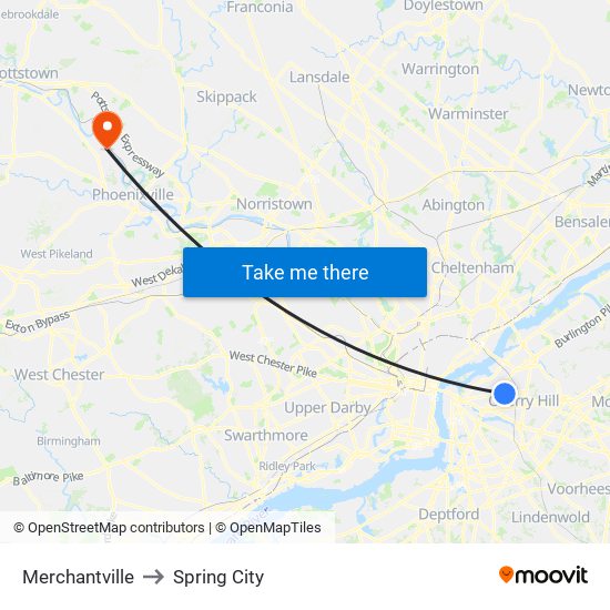 Merchantville to Spring City map