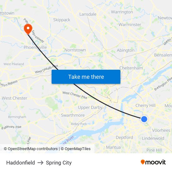 Haddonfield to Spring City map