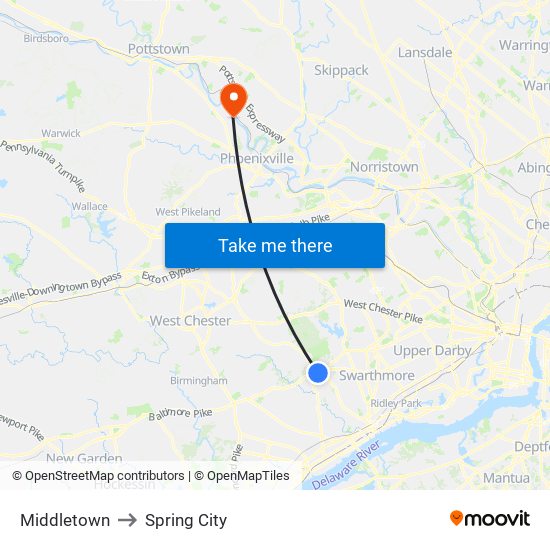 Middletown to Spring City map