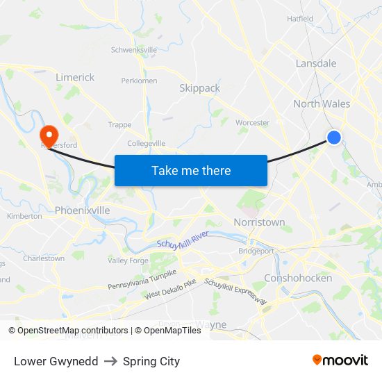 Lower Gwynedd to Spring City map