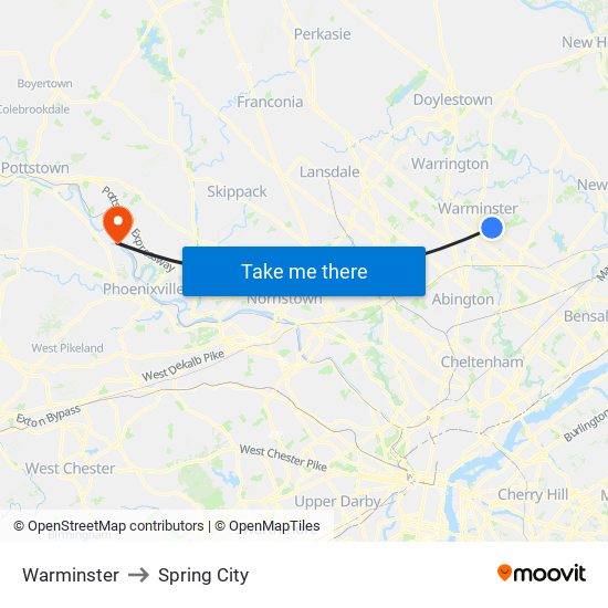 Warminster to Spring City map