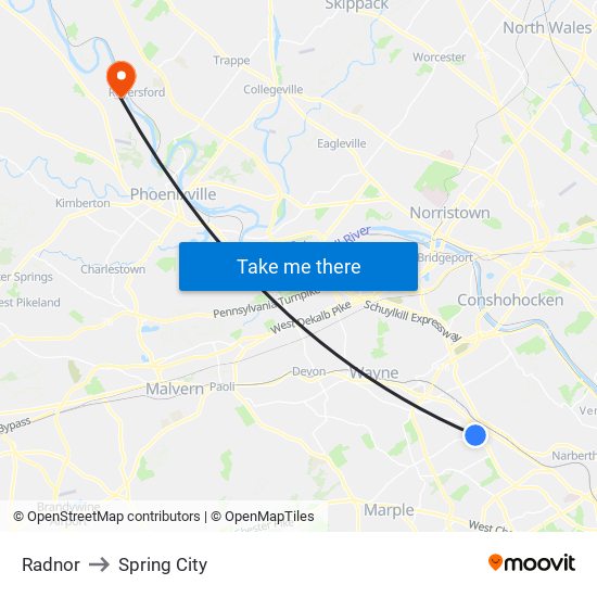 Radnor to Spring City map