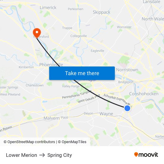 Lower Merion to Spring City map