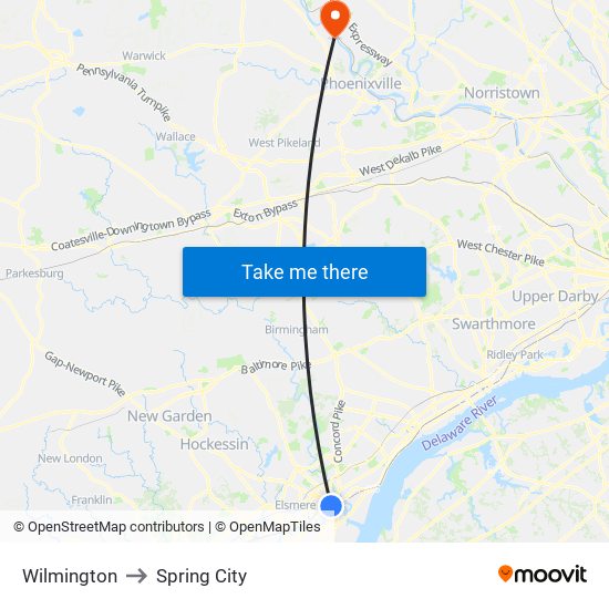 Wilmington to Spring City map