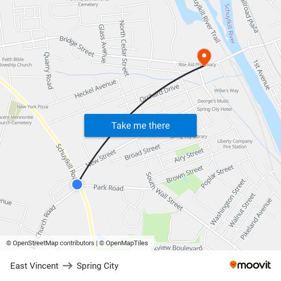 East Vincent to Spring City map