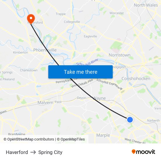 Haverford to Spring City map