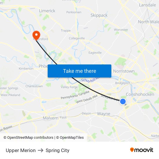 Upper Merion to Spring City map