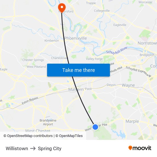 Willistown to Spring City map