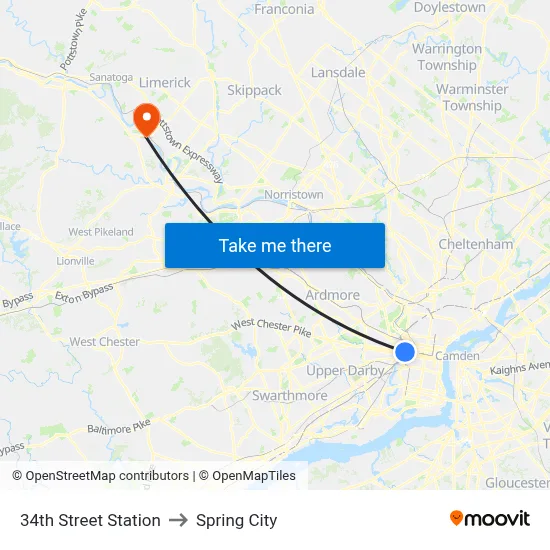 34th Street Station to Spring City map