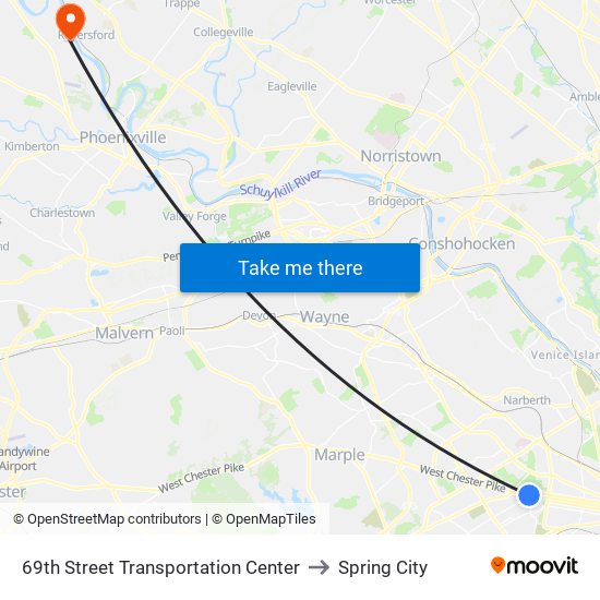 69th Street Transportation Center to Spring City map