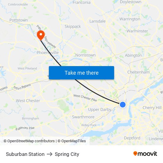 Suburban Station to Spring City map