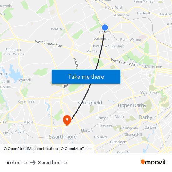 Ardmore to Swarthmore map
