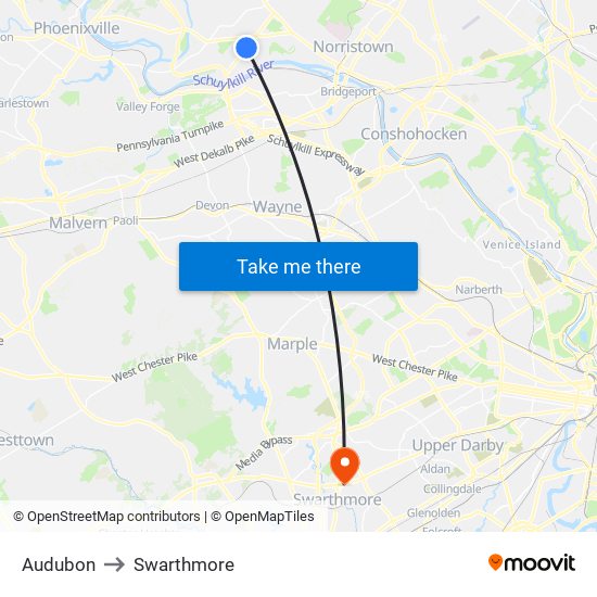 Audubon to Swarthmore map