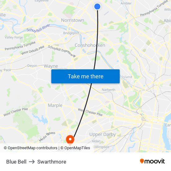 Blue Bell to Swarthmore map