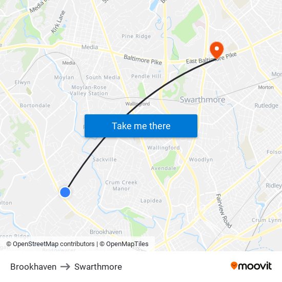 Brookhaven to Swarthmore map