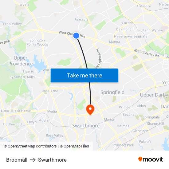 Broomall to Swarthmore map