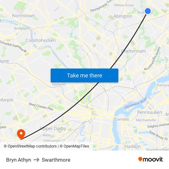 Bryn Athyn to Swarthmore map