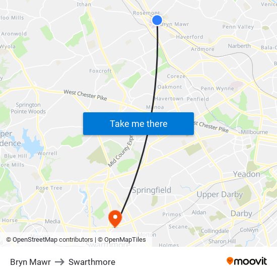 Bryn Mawr to Swarthmore map