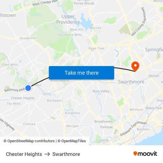Chester Heights to Swarthmore map