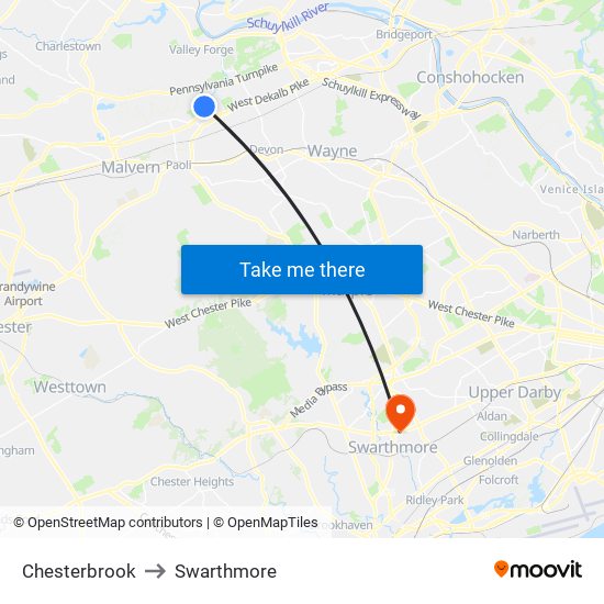 Chesterbrook to Swarthmore map