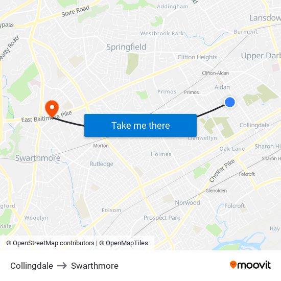 Collingdale to Swarthmore map