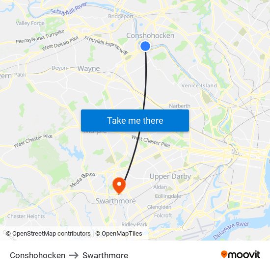 Conshohocken to Swarthmore map