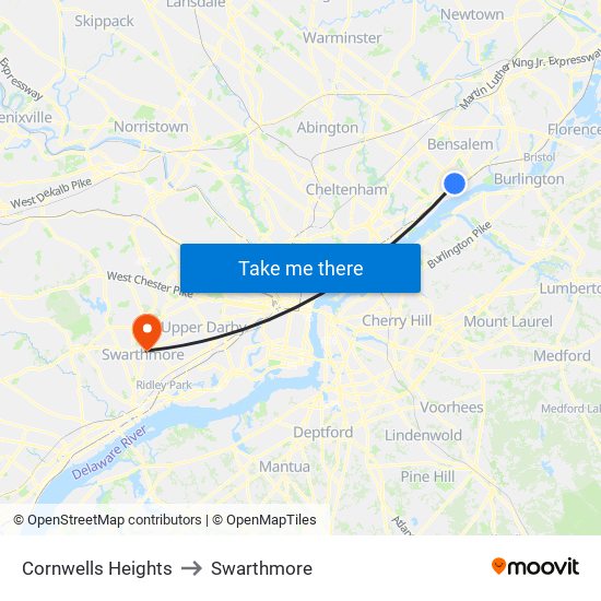 Cornwells Heights to Swarthmore map