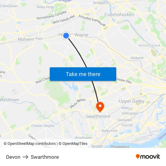 Devon to Swarthmore map