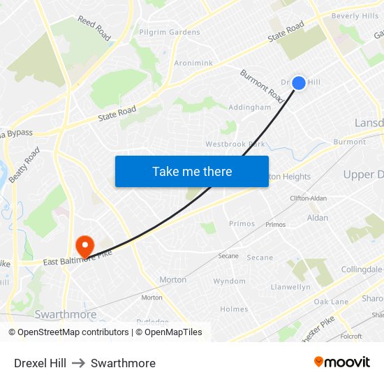 Drexel Hill to Swarthmore map