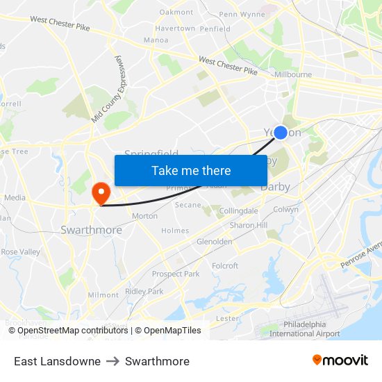 East Lansdowne to Swarthmore map