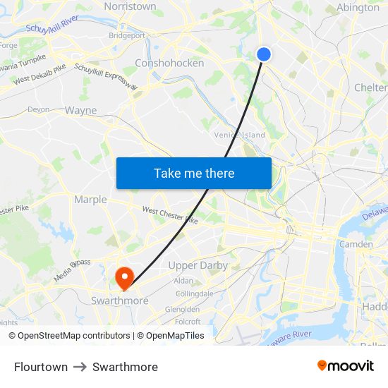 Flourtown to Swarthmore map