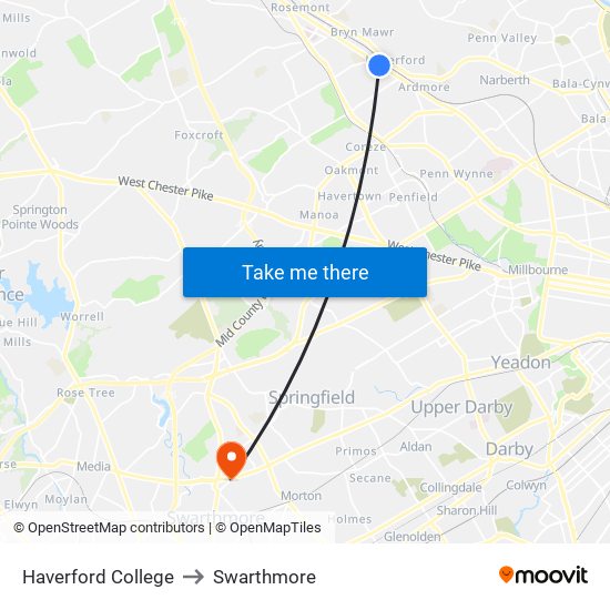 Haverford College to Swarthmore map