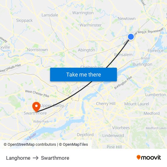 Langhorne to Swarthmore map