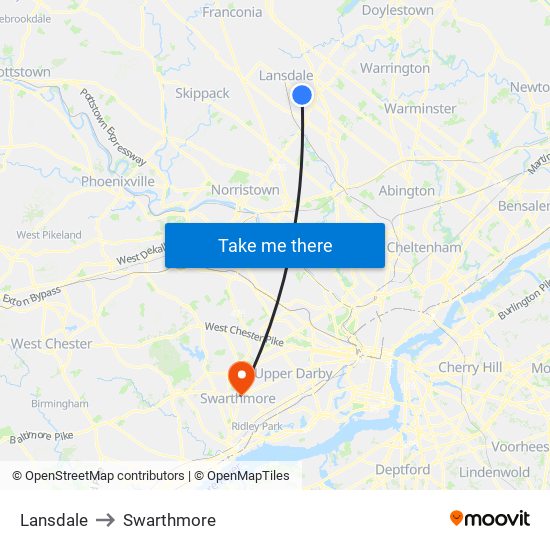 Lansdale to Swarthmore map